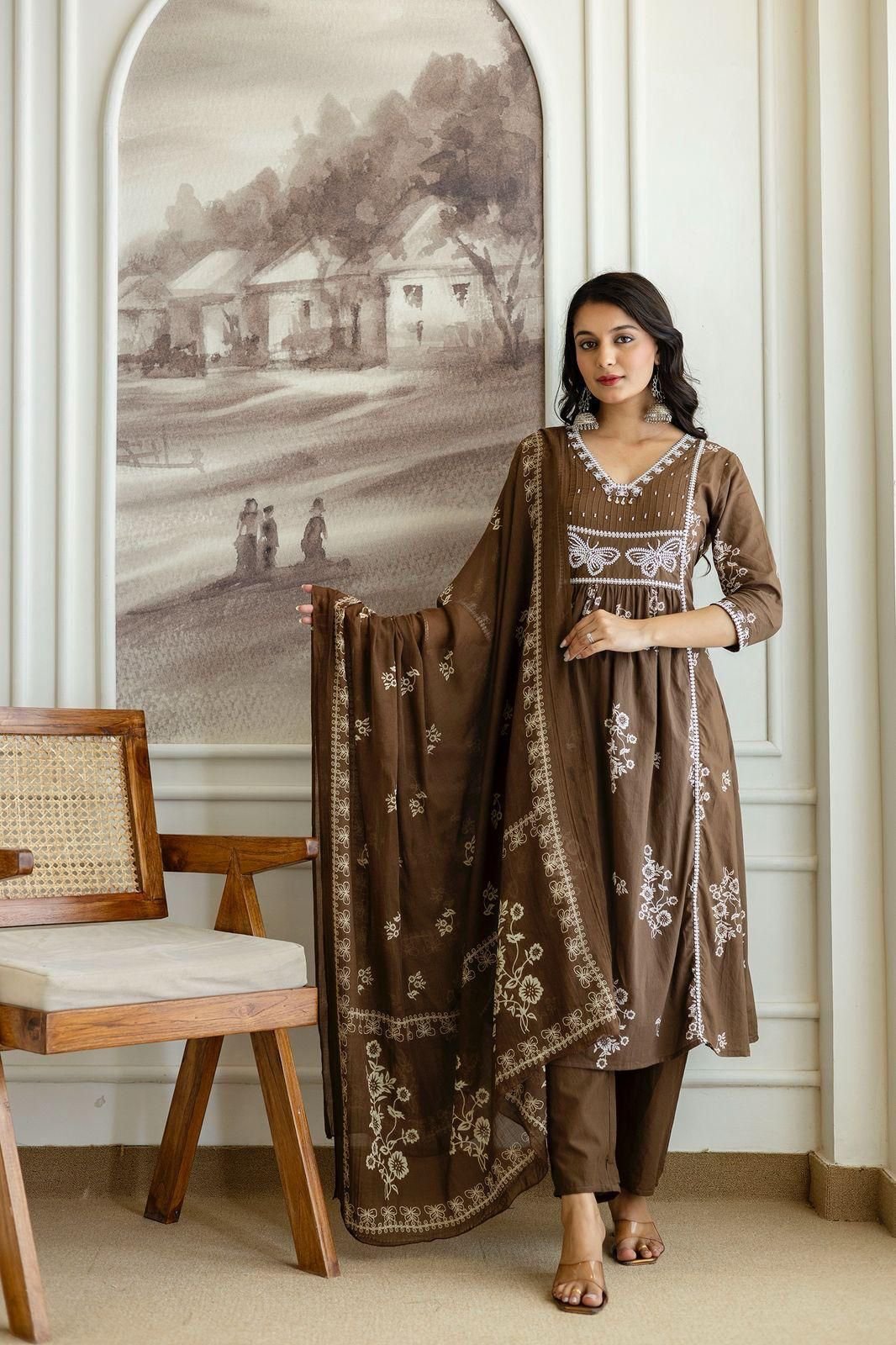 Brown Cotton Discharge Printed Suit Set with Embroidery