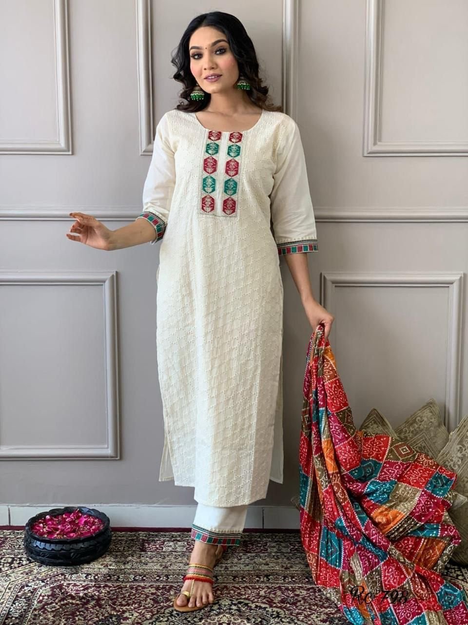 Schiffli Chikankari Cotton Kurta Set with Dupatta