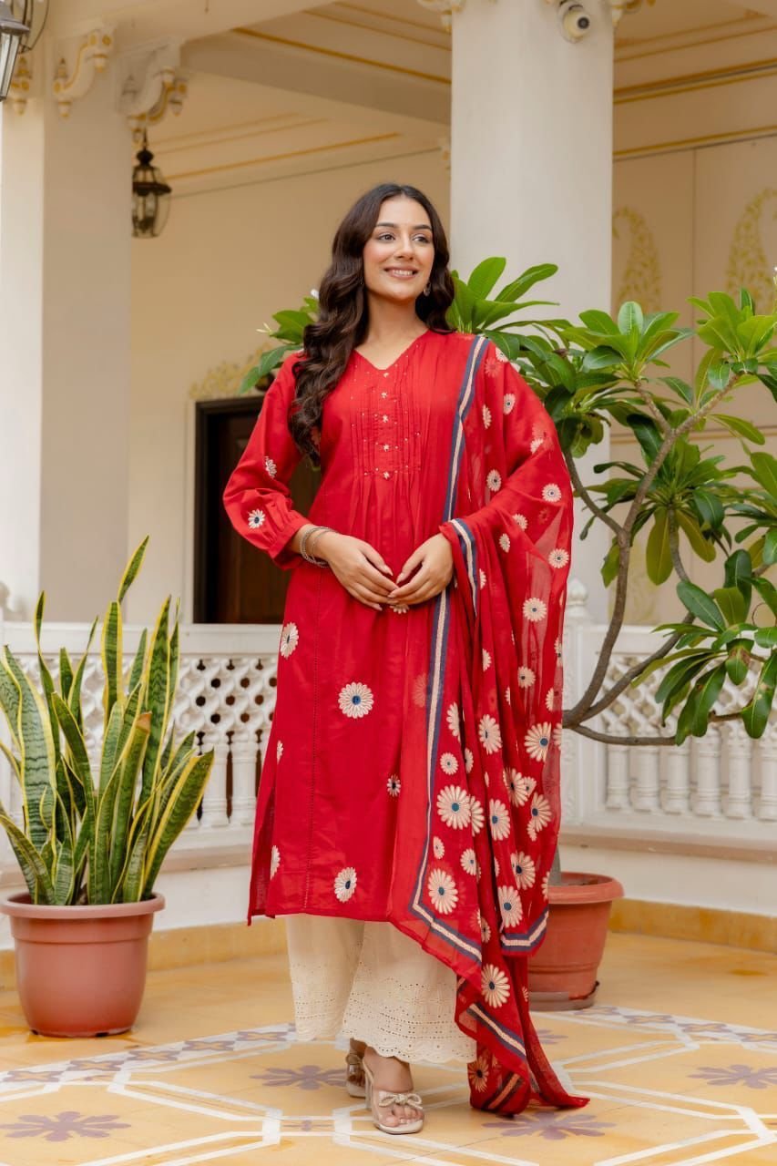 Red Cotton Embroidered Kurti Set with Dupatta
