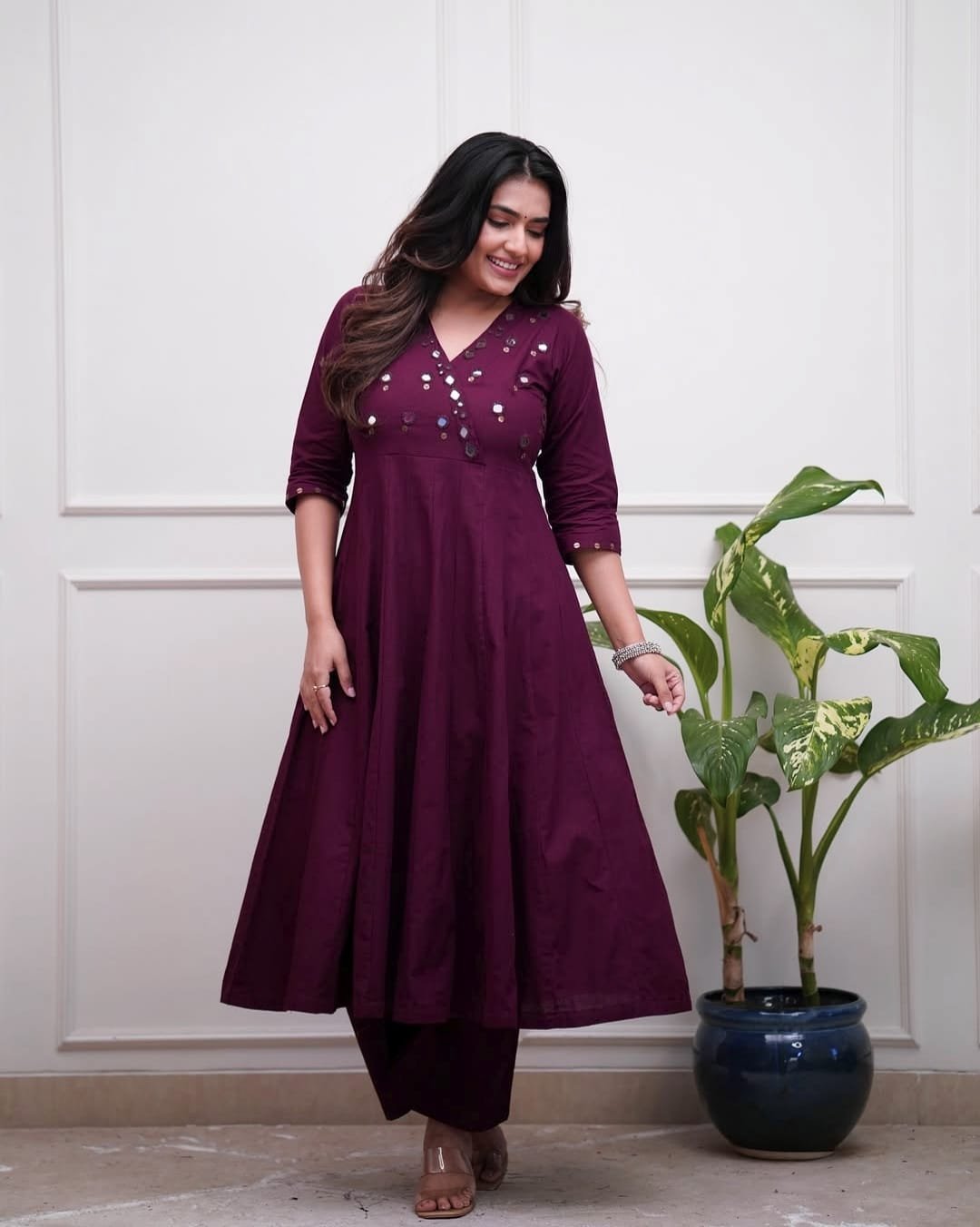 Maroon Cotton Kurti Pant Set with Mirror Work Detailing