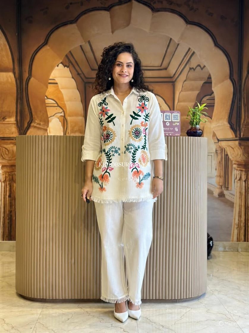 White Flex Coord Set with Embroidery and Lace Work