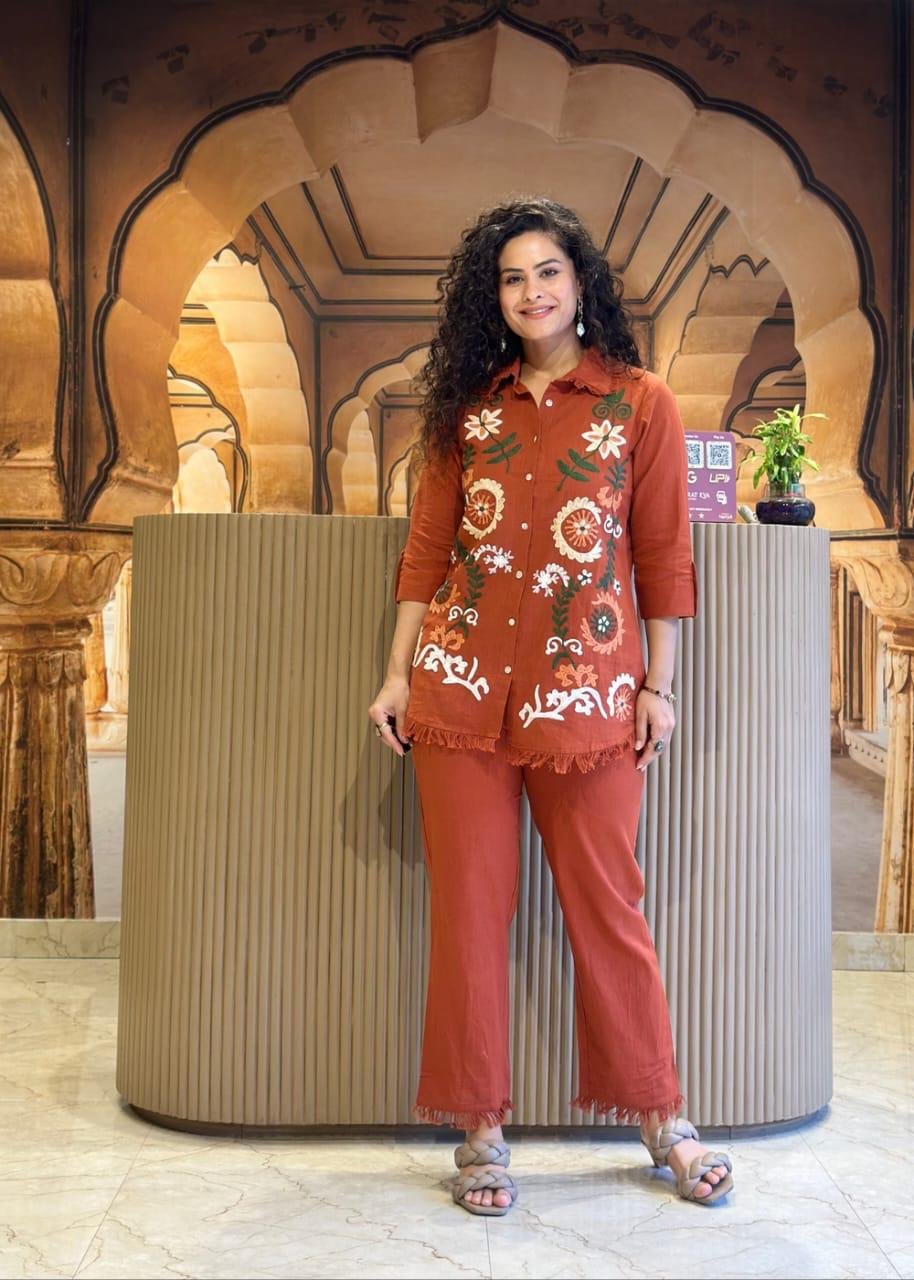 Brown Flex Coord Set with Embroidery and Lace Work