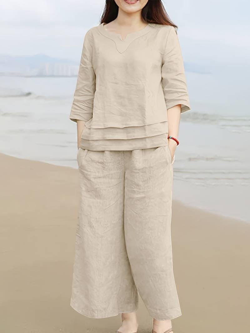 Cream Cotton Slub Coord Set with Palazzo and Pockets