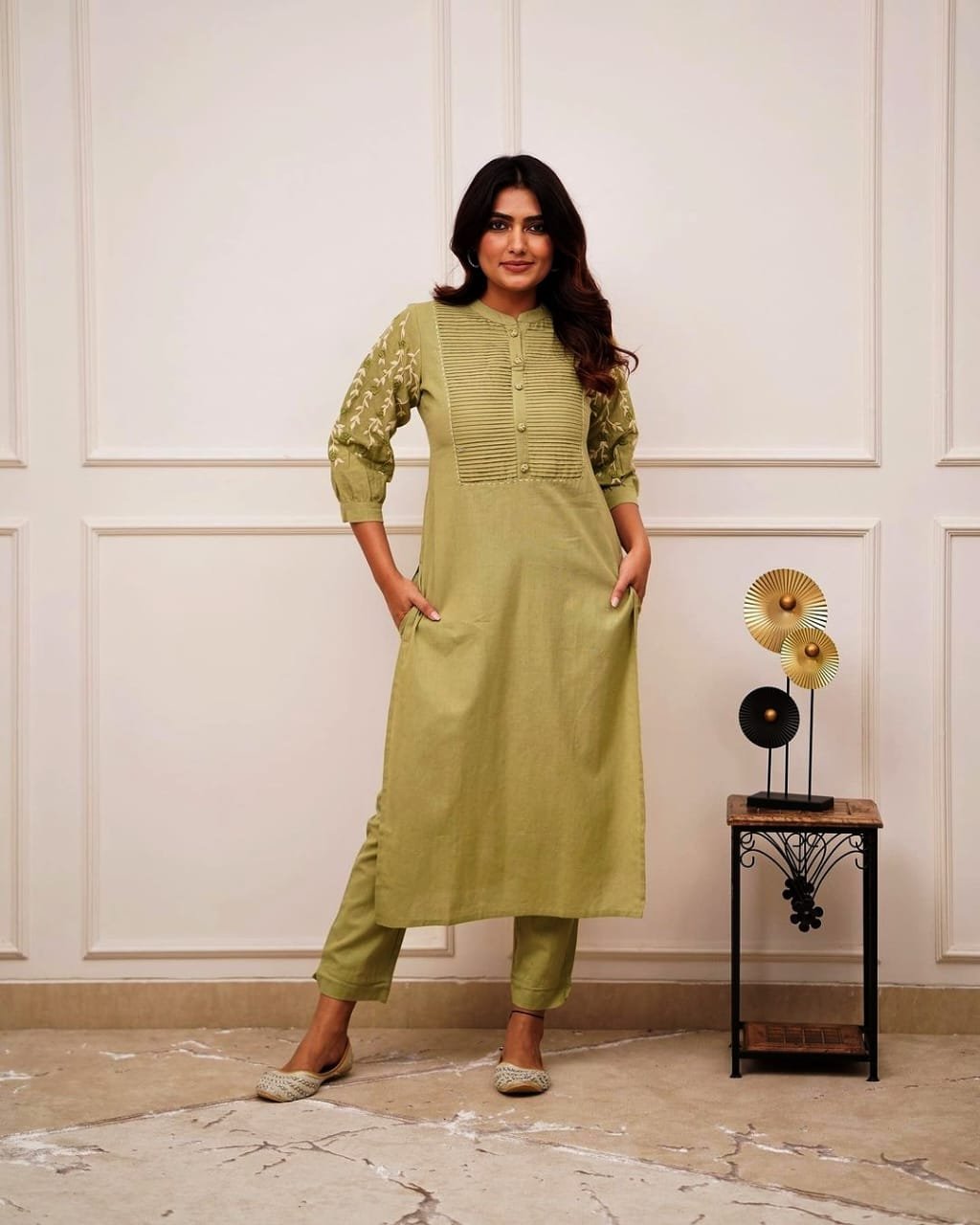 Green Kurti Pant Set with Embroidery & Pintex Detailing
