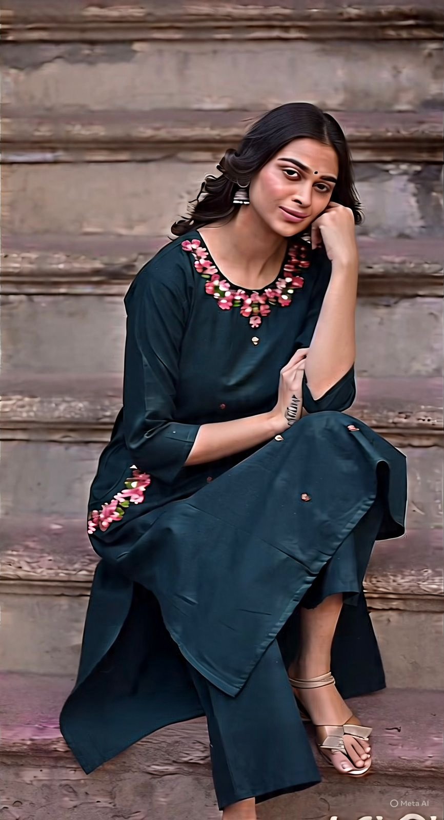 Blue Cotton Coord Set with Embroidered Top and Pant