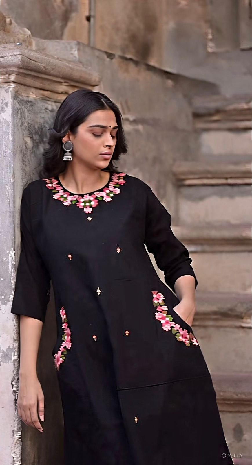 Black Cotton Coord Set with Embroidered Top and Pant