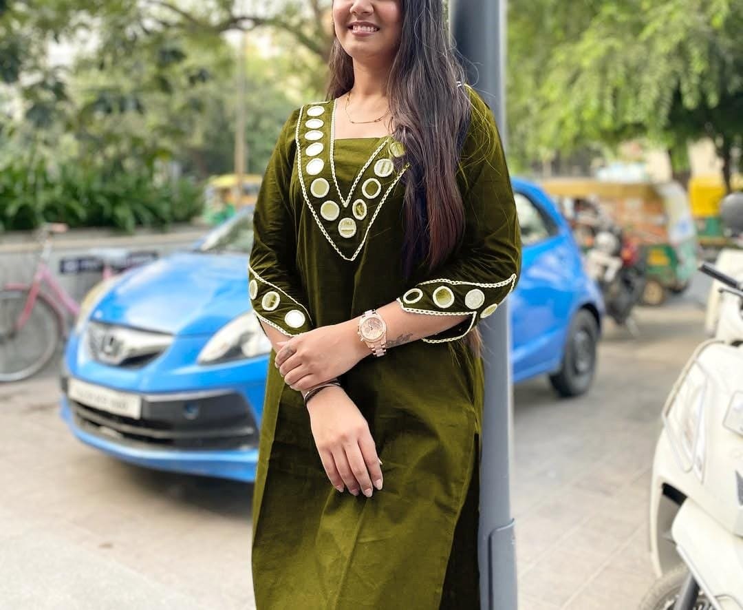 Green Cotton Kurti Pant Set with Mirror Embroidery