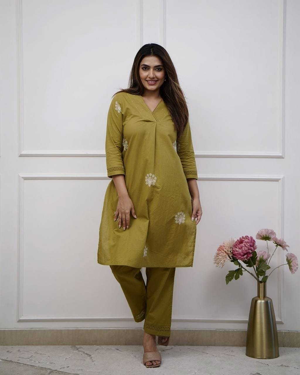 Green Cotton Embroidered Office Wear Kurti Set