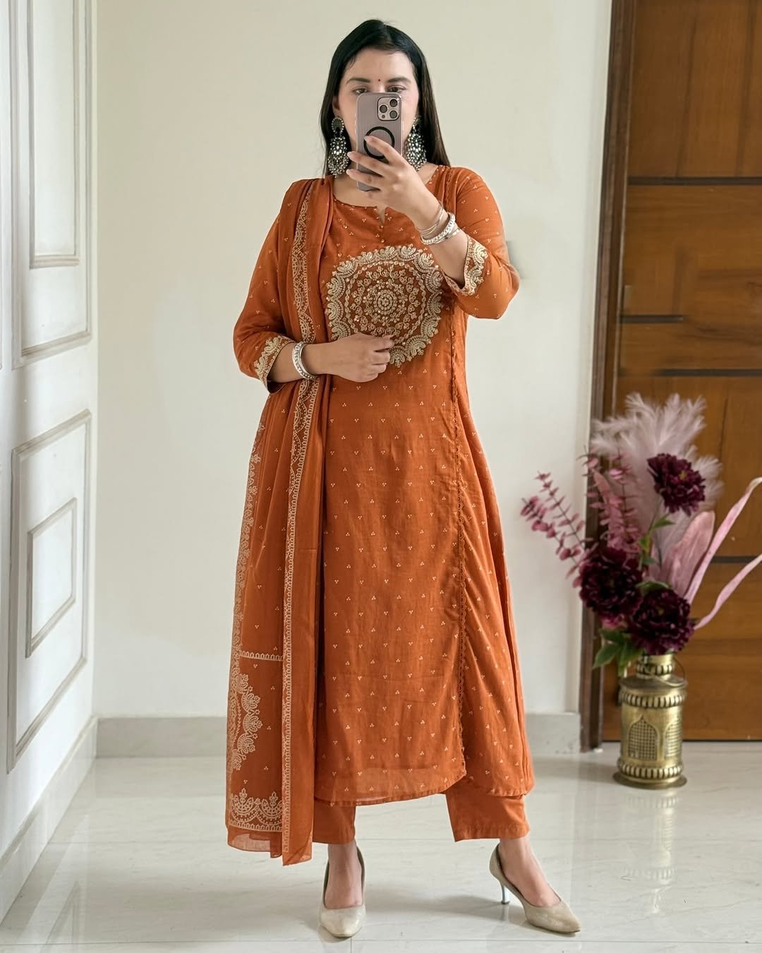 Orange  Cotton Suit Set with Embroidered Dupatta