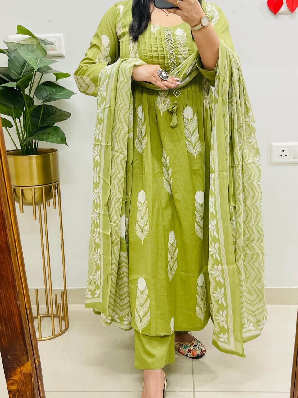 Green Cotton Embroidered Kurti Suit Set with Dupatta