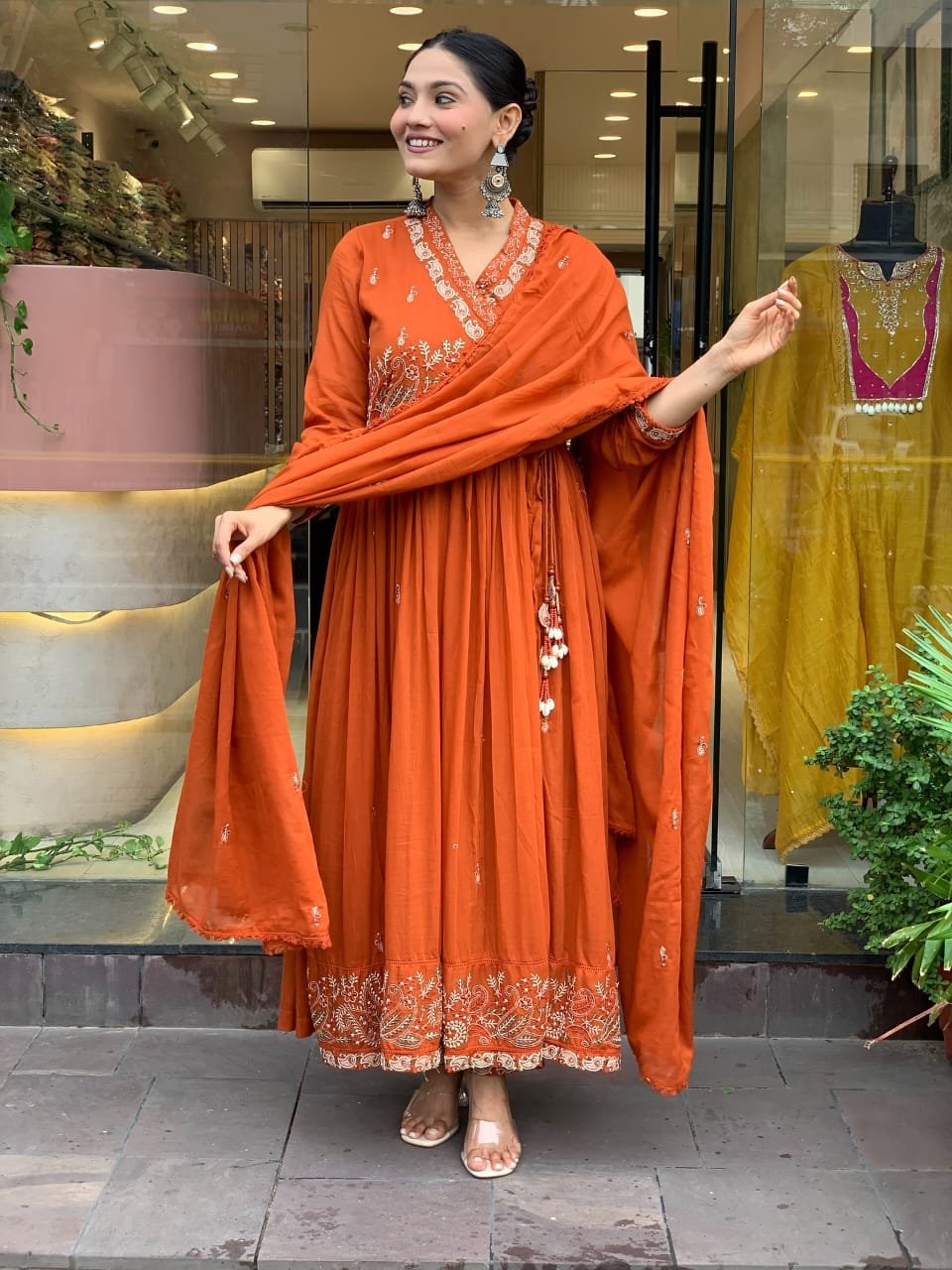 Cotton Angrakha Kurti Pant Set with Embroidered Dupatta