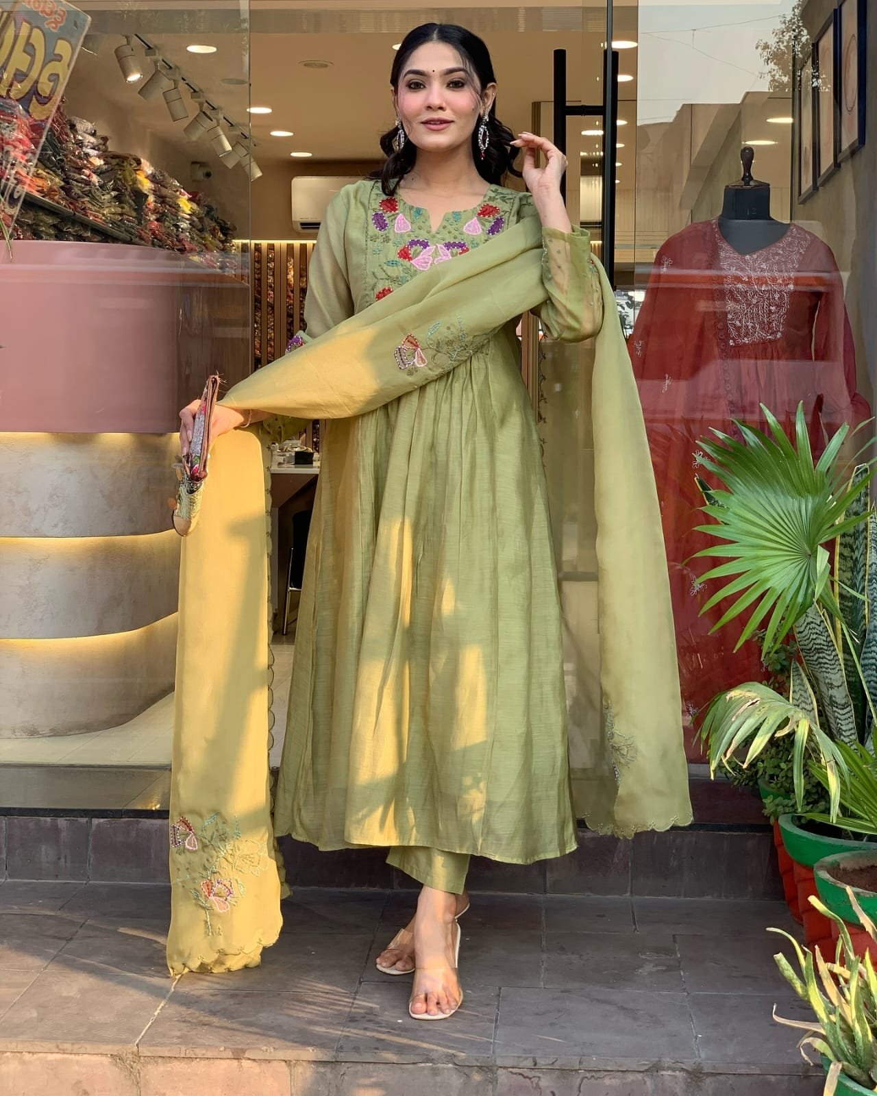 Embroidered Cotton Kurti Pant Set with Organza Dupatta