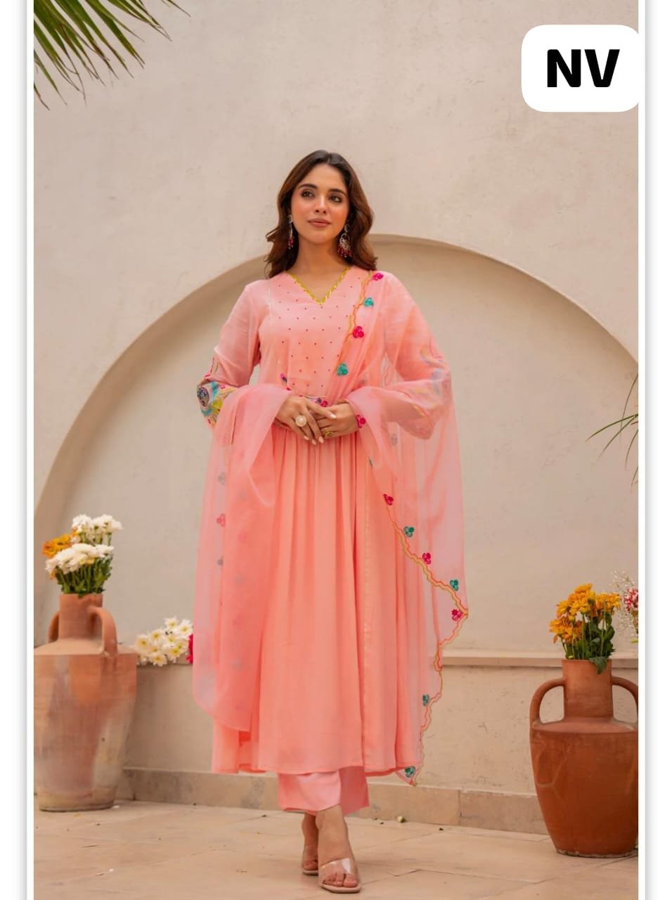 Pink Embroidered Cotton Kurti Pant Chanderi Dupatta Set