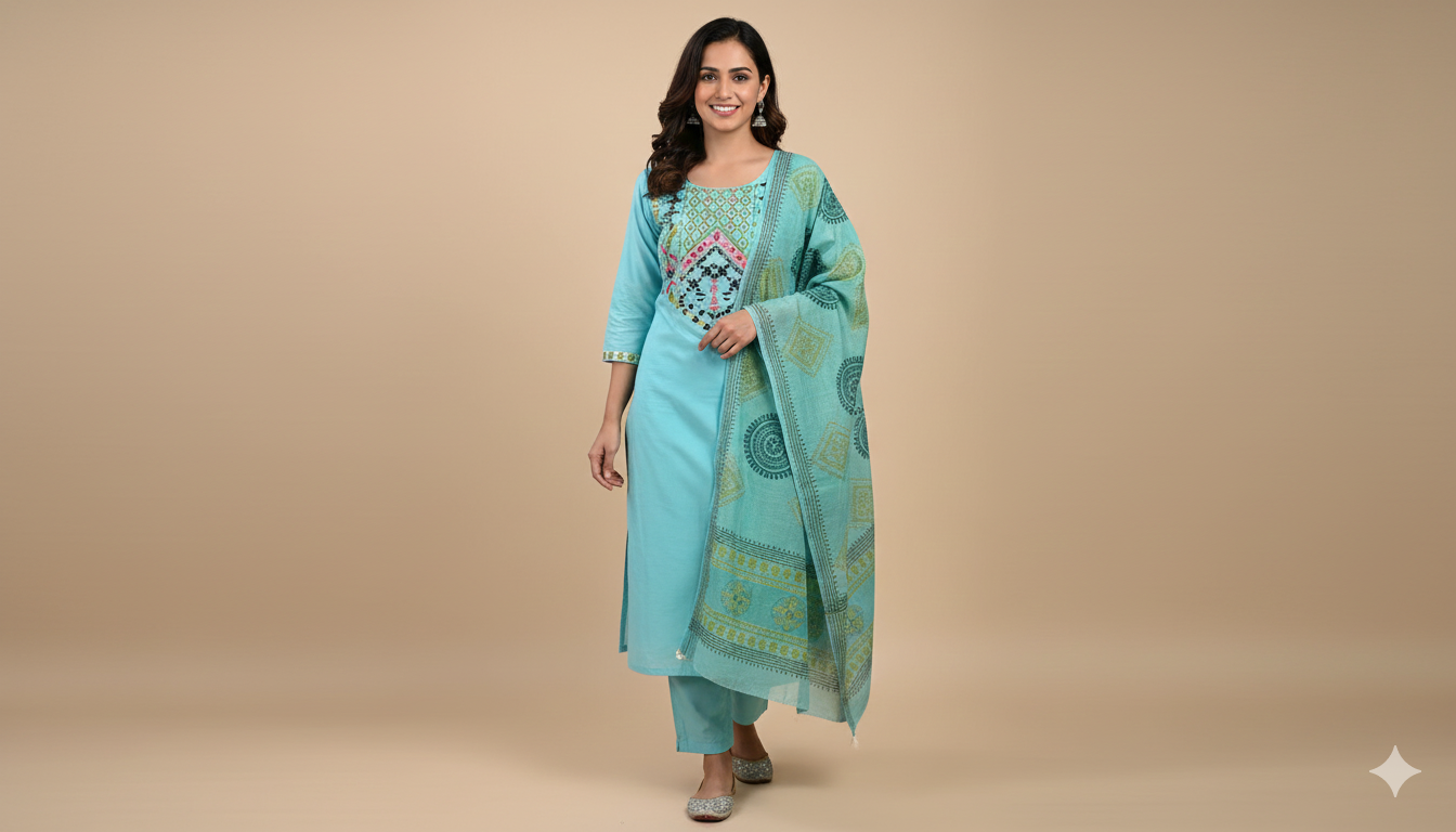 Embroidered Cotton Kurti Palazzo Dupatta Set