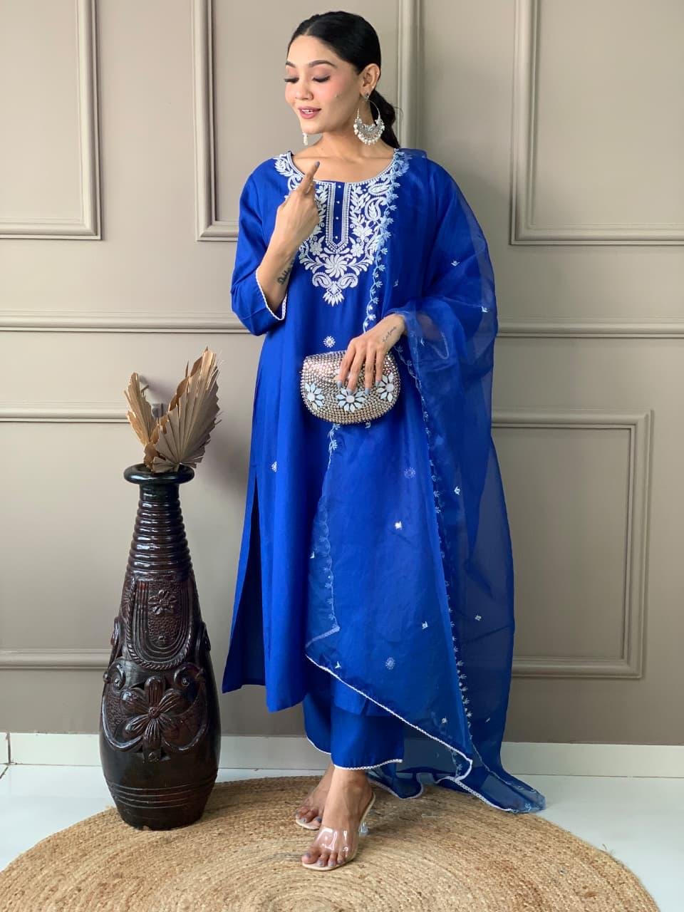 Blue  Rayon Mirror Work Kurti Set