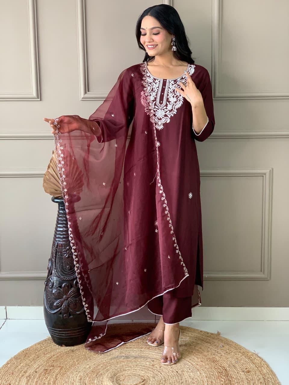 Wine Rayon Mirror Work Kurti Set