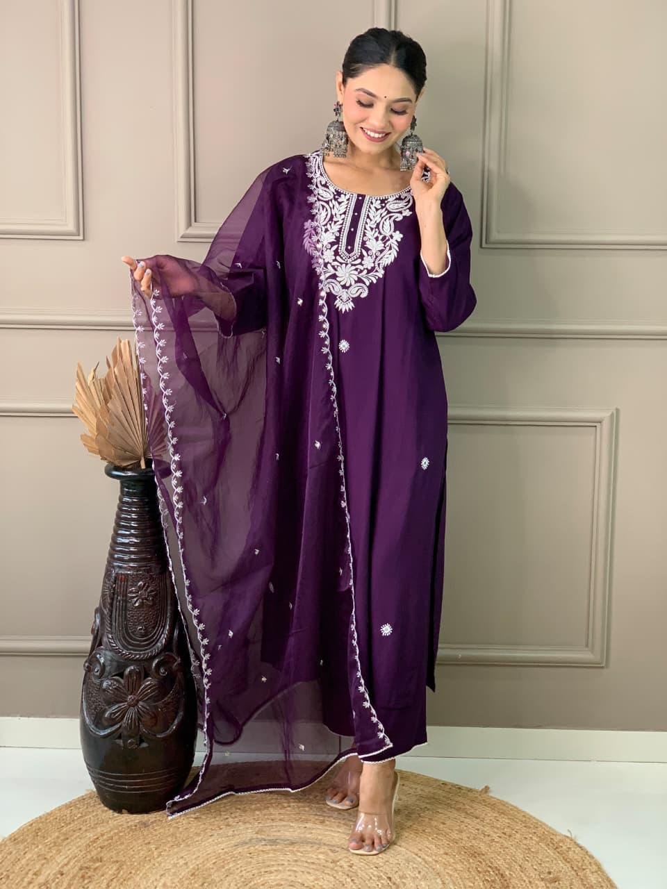 Purple  Rayon Mirror Work Kurti Set
