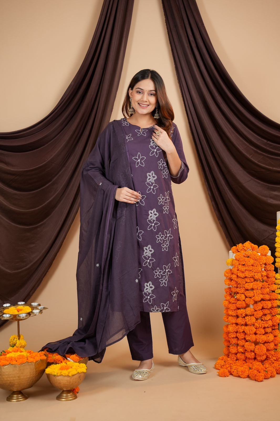 Purple Cotton Embroidered Khadi Suit Set