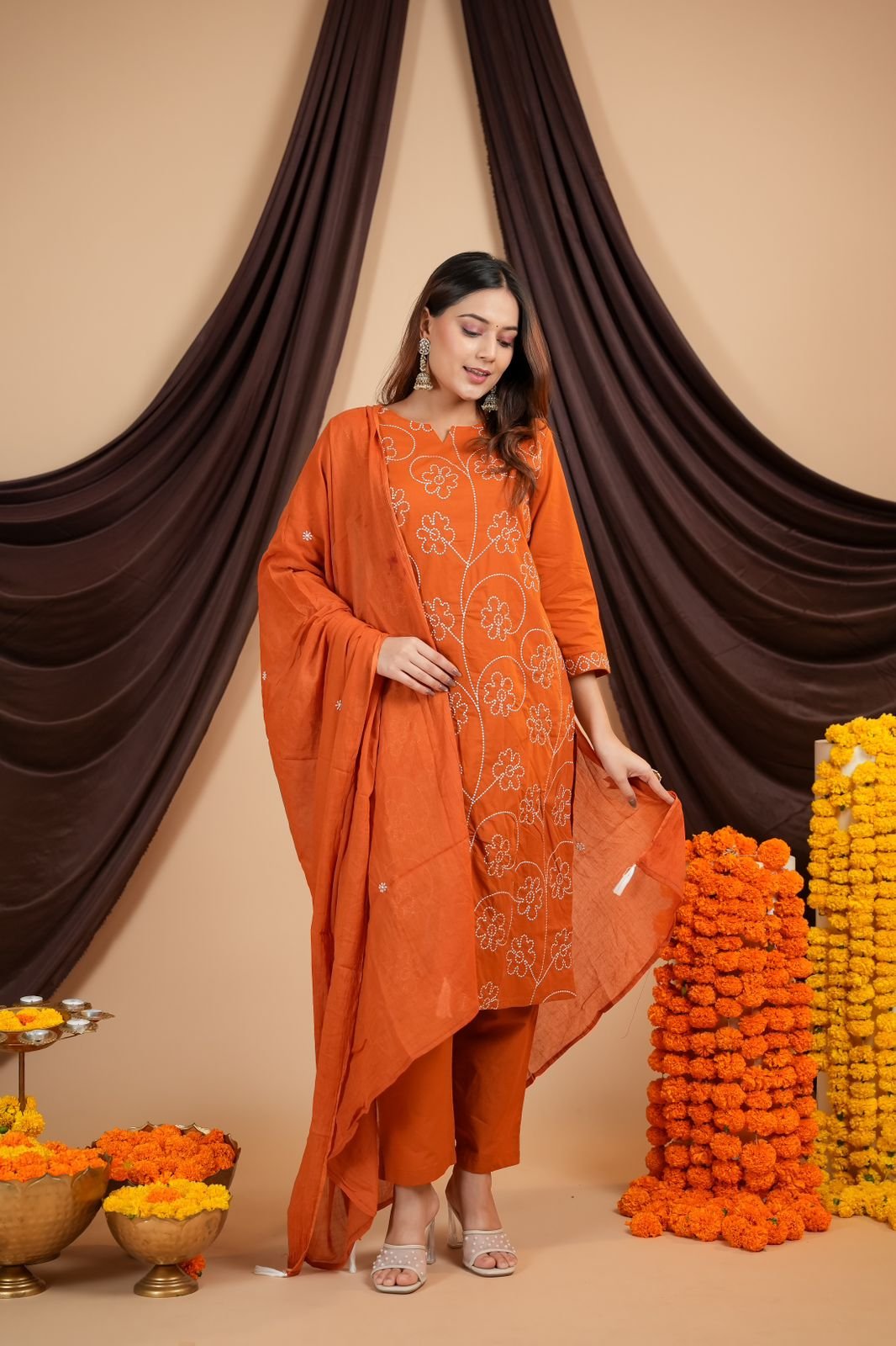 Orange Cotton Embroidered Khadi Suit Set