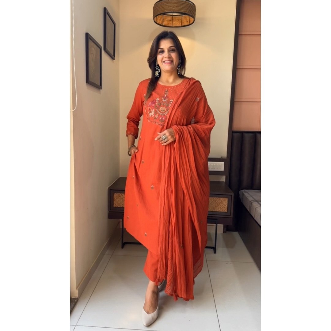Orange Cotton Chikankari Embroidered Kurti Set