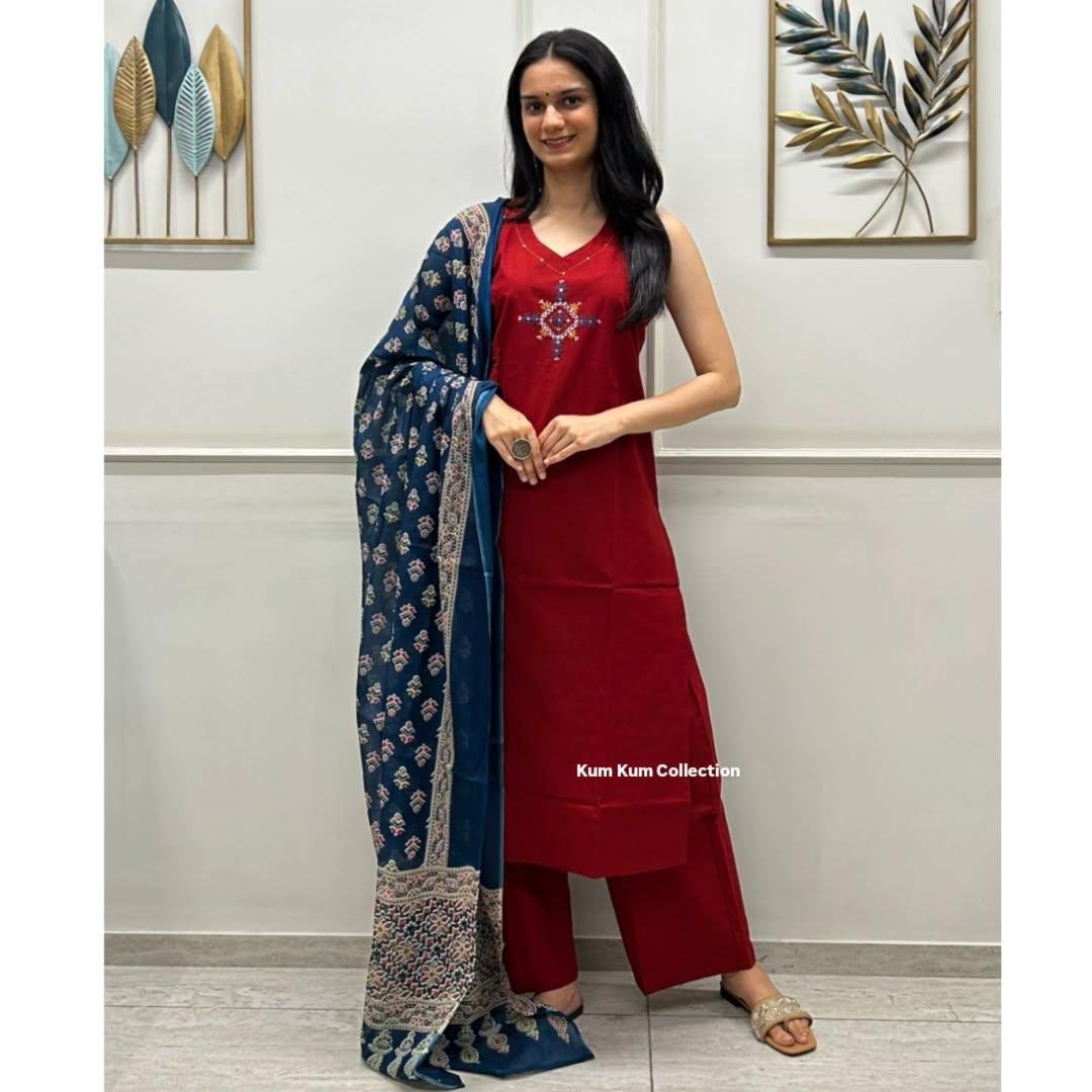 Handloom A-Line Kurti Palazzo Set with Linen Dupatta