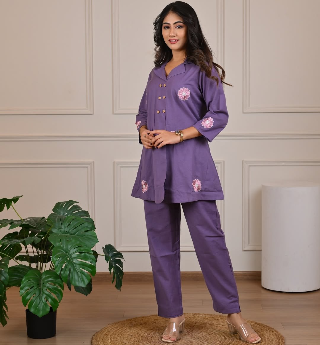 Purple Cotton Slub Angrakha Embroidered Co-Ord Set