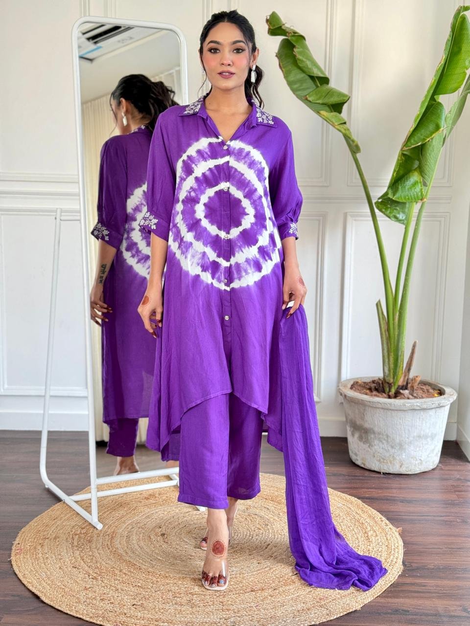 Purple  Rayon Kurti Plazo With Chiffon Dupatta