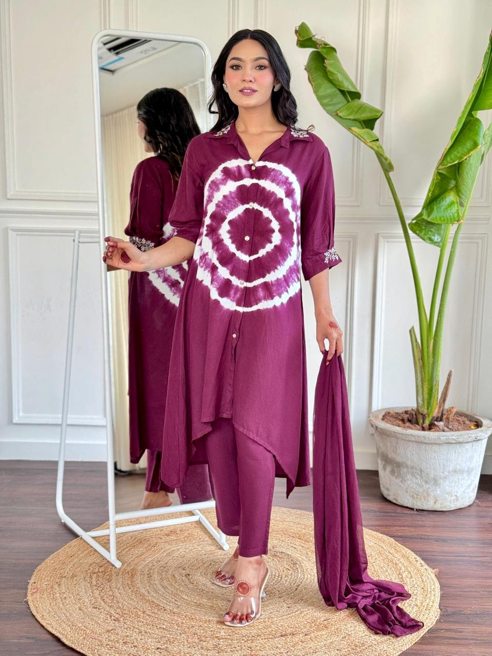 Maroon Rayon Kurti Plazo With Chiffon Dupatta