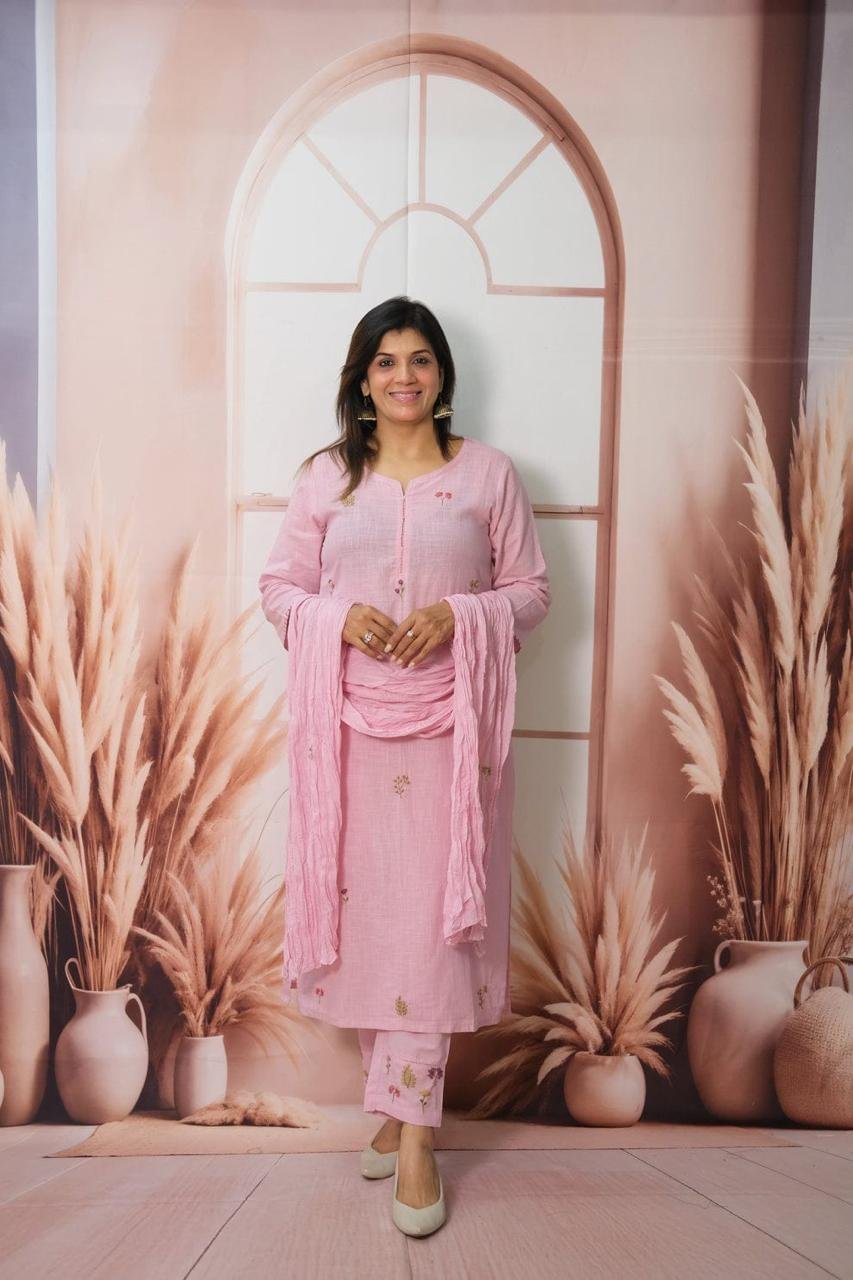 Pink Khadi Cotton Suit Set with Kantha Handwork