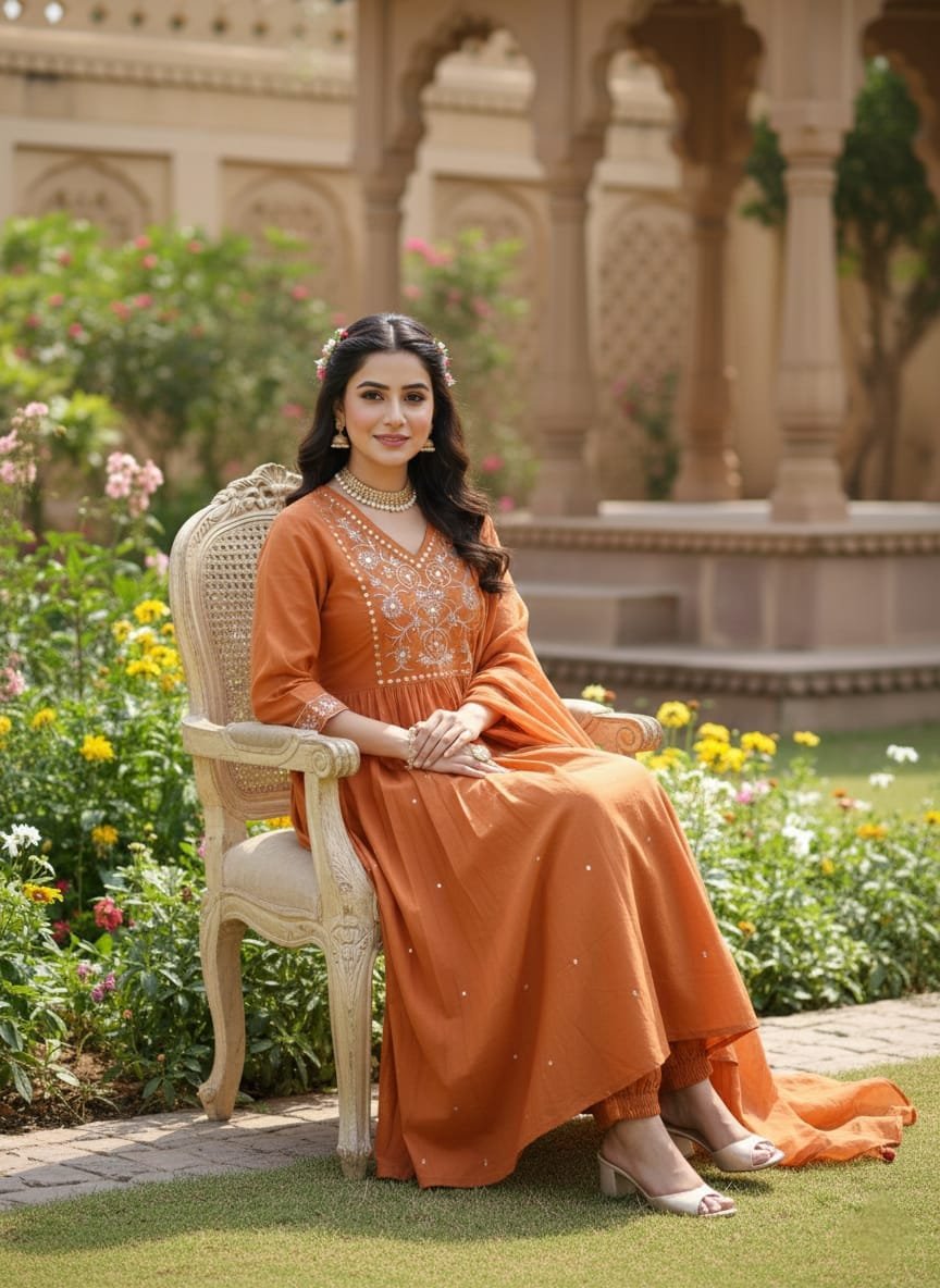 Cotton Floral Embroidered Anarkali Suit Set