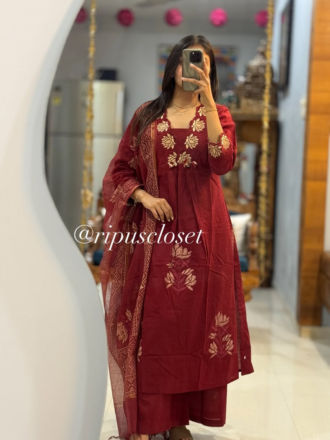 Maroon Designer Cotton Suit Set with Dupatta