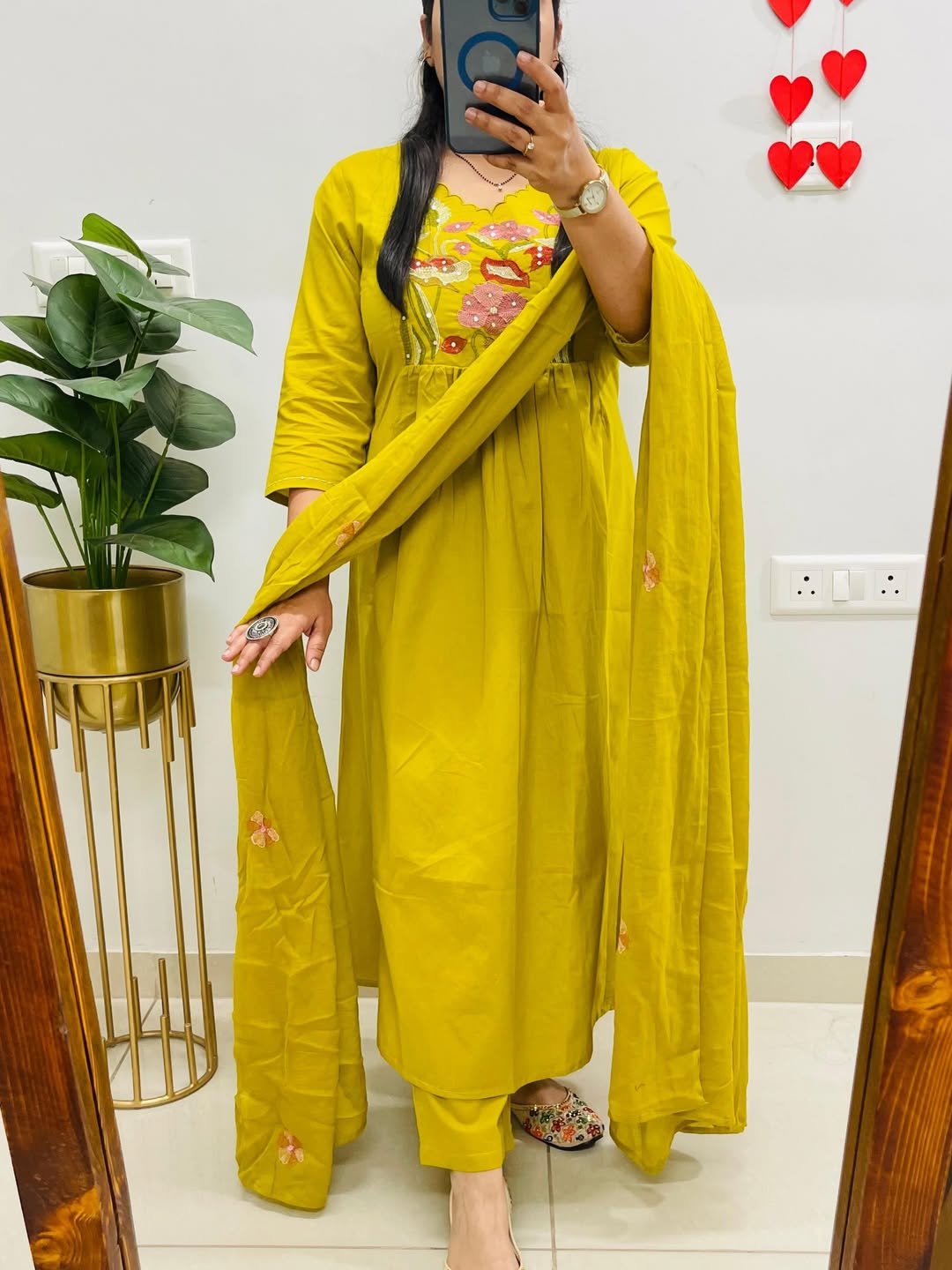 Yellow Anarkali Cotton Embroidered Suit Set