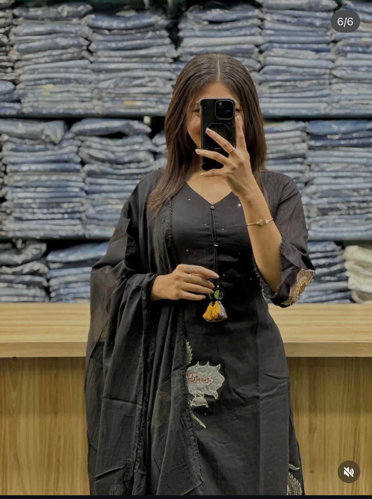 Black Embroidered Cotton Kurti Palazzo Dupatta Set