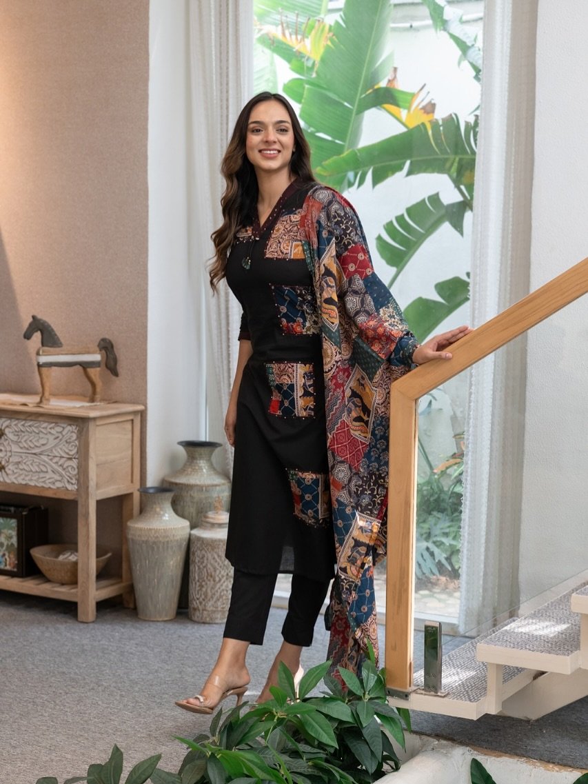 Kantha Patch Work Cotton Kurti Pant Set