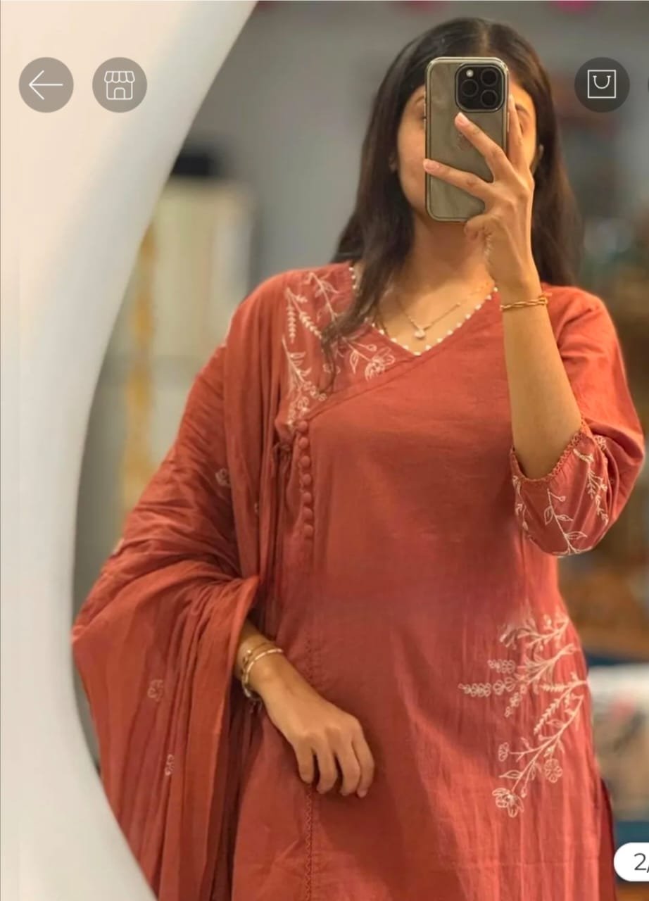 Orange Cotton A-Line Kurti Pant Dupatta Set