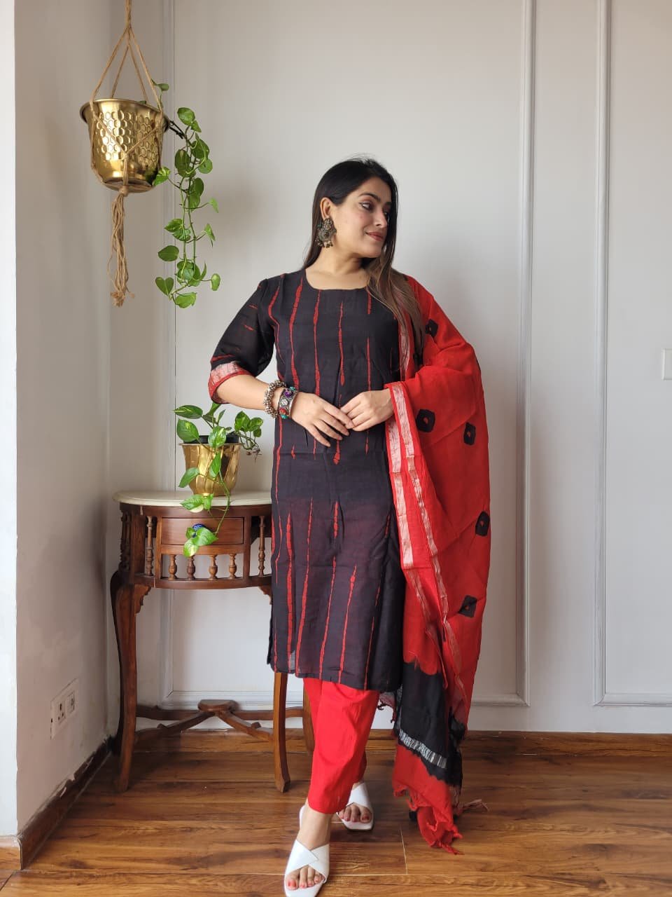 Red Bagru Hand Block Printed Linen Suit Set