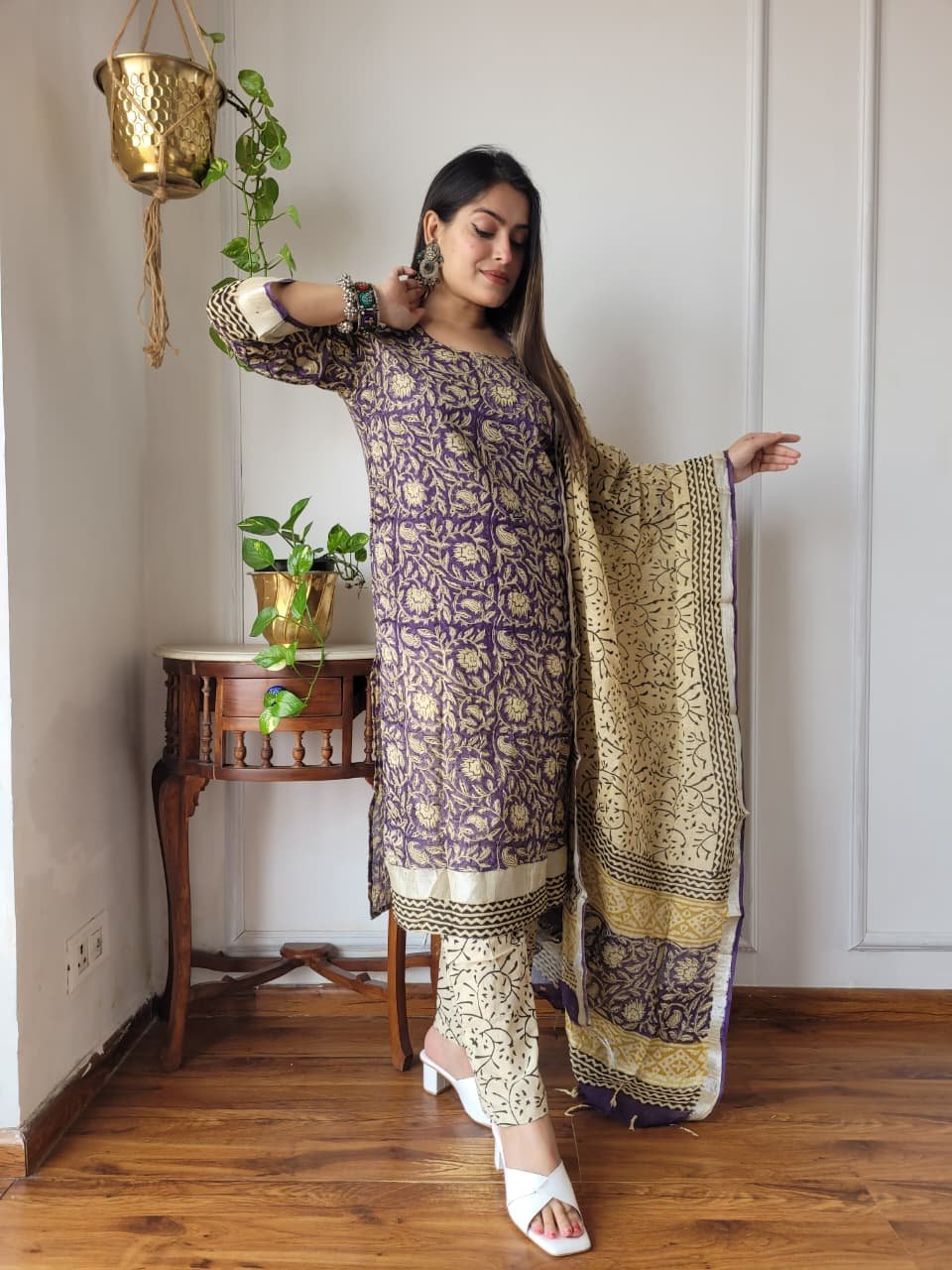 Purple Bagru Hand Block Printed Linen Suit Set