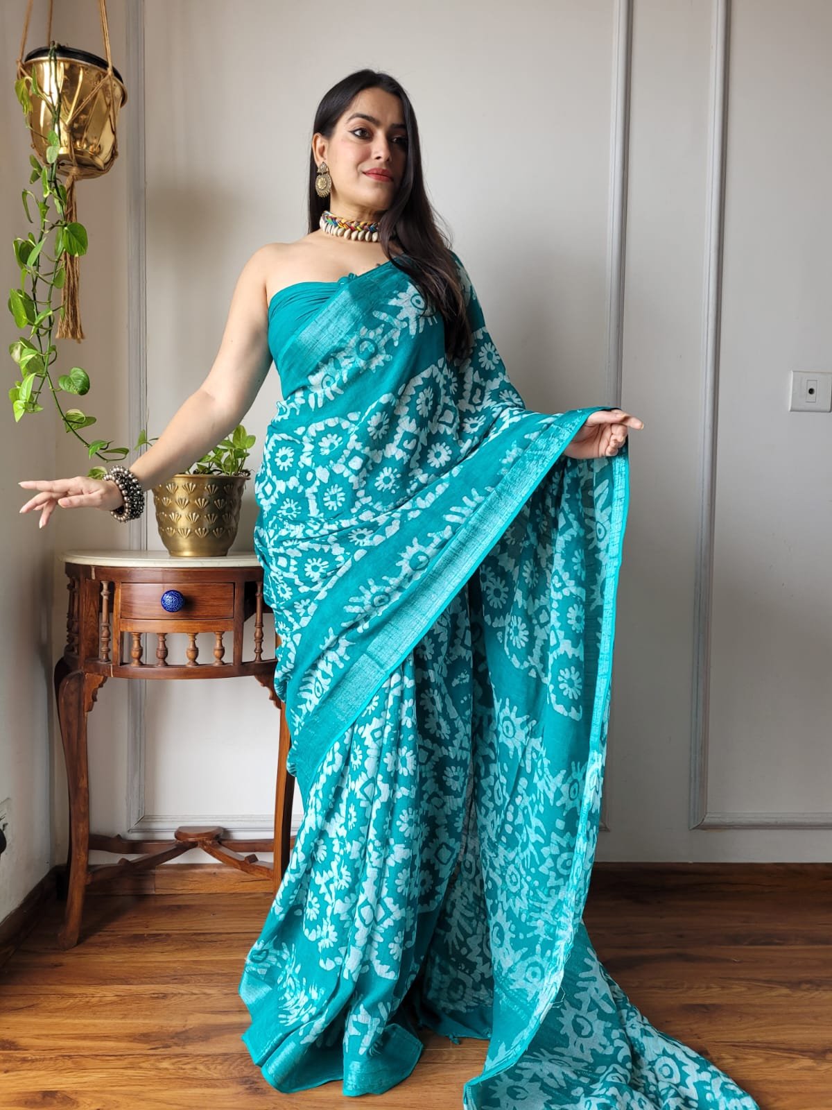 Hand Block Printed Linen Saree with Blouse