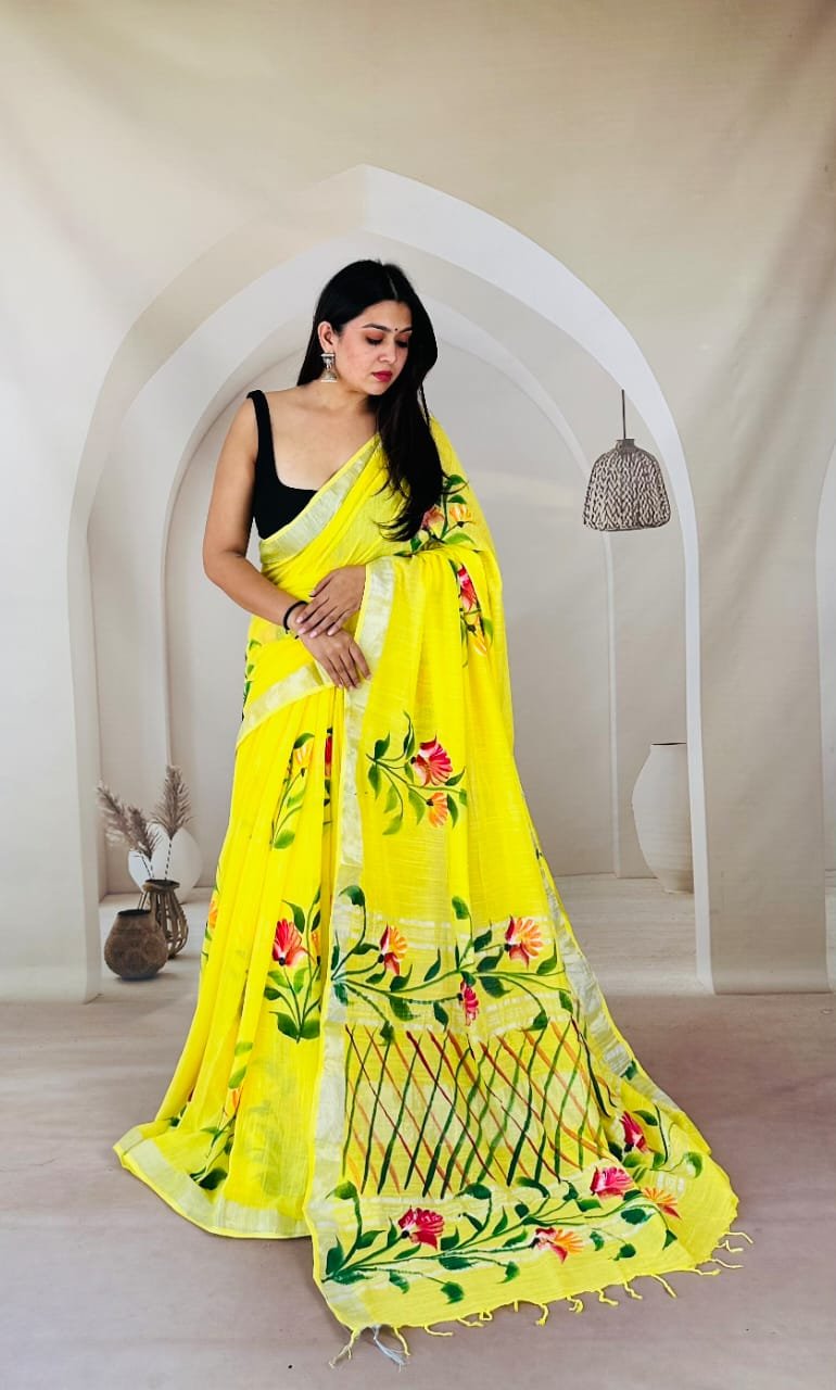 Hand Block Printed Linen Saree with Blouse