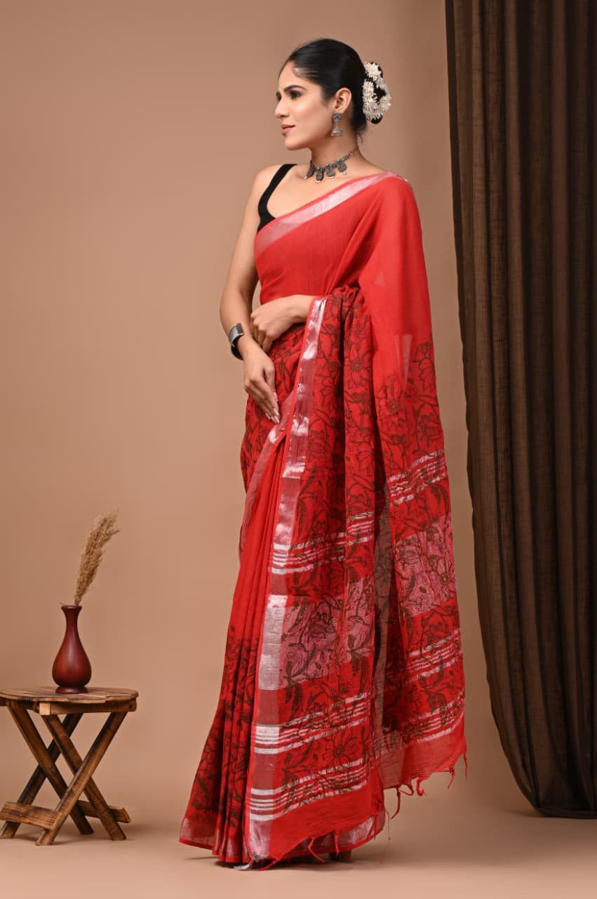 Hand Block Printed Linen Saree with Blouse