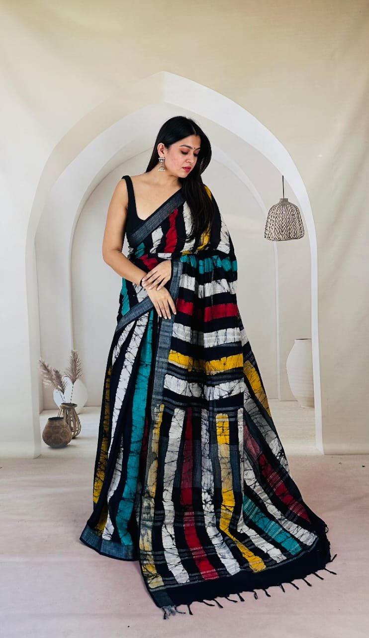 Hand Block Printed Linen Saree with Blouse