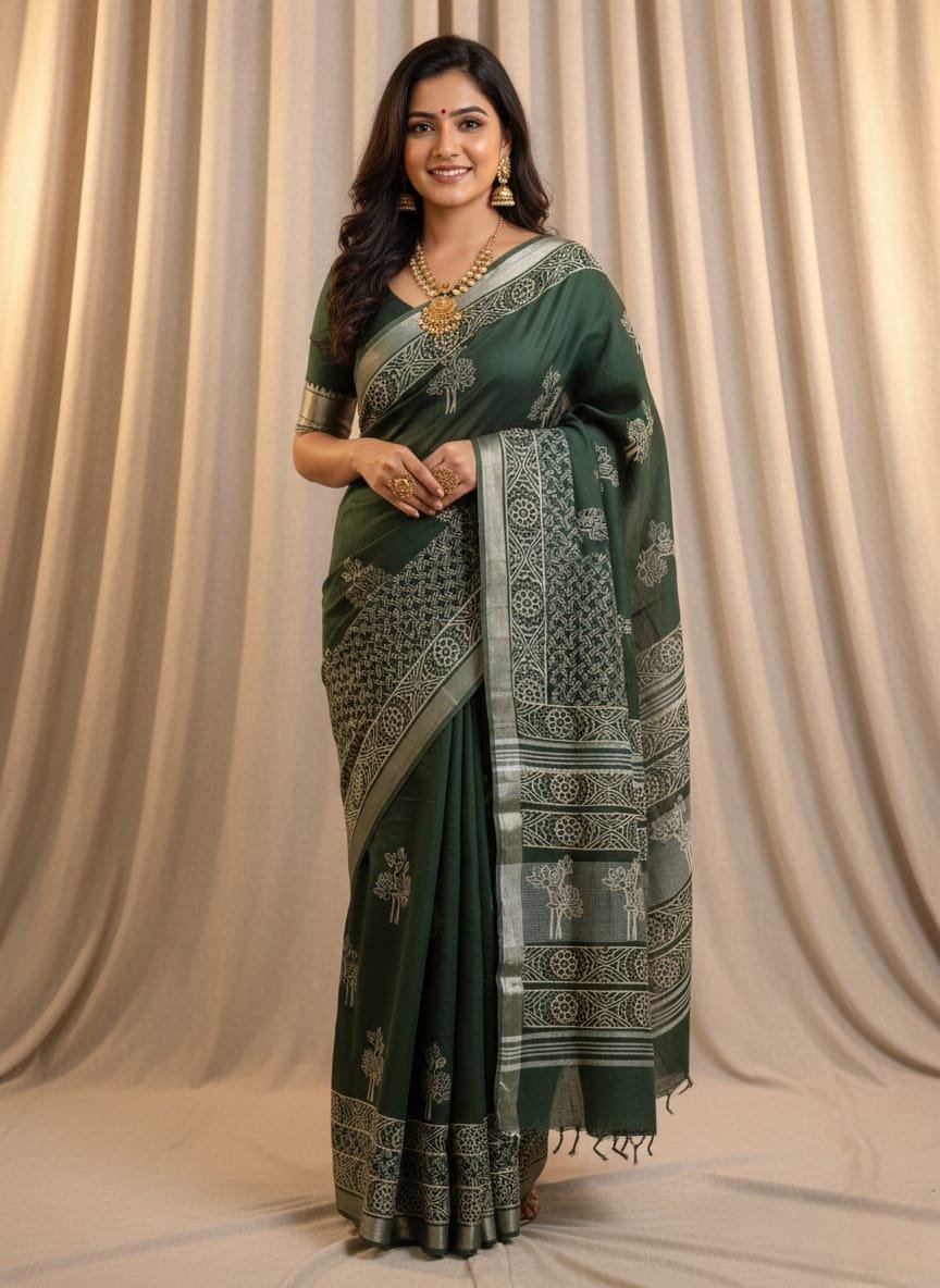 Hand Block Printed Linen Saree with Blouse