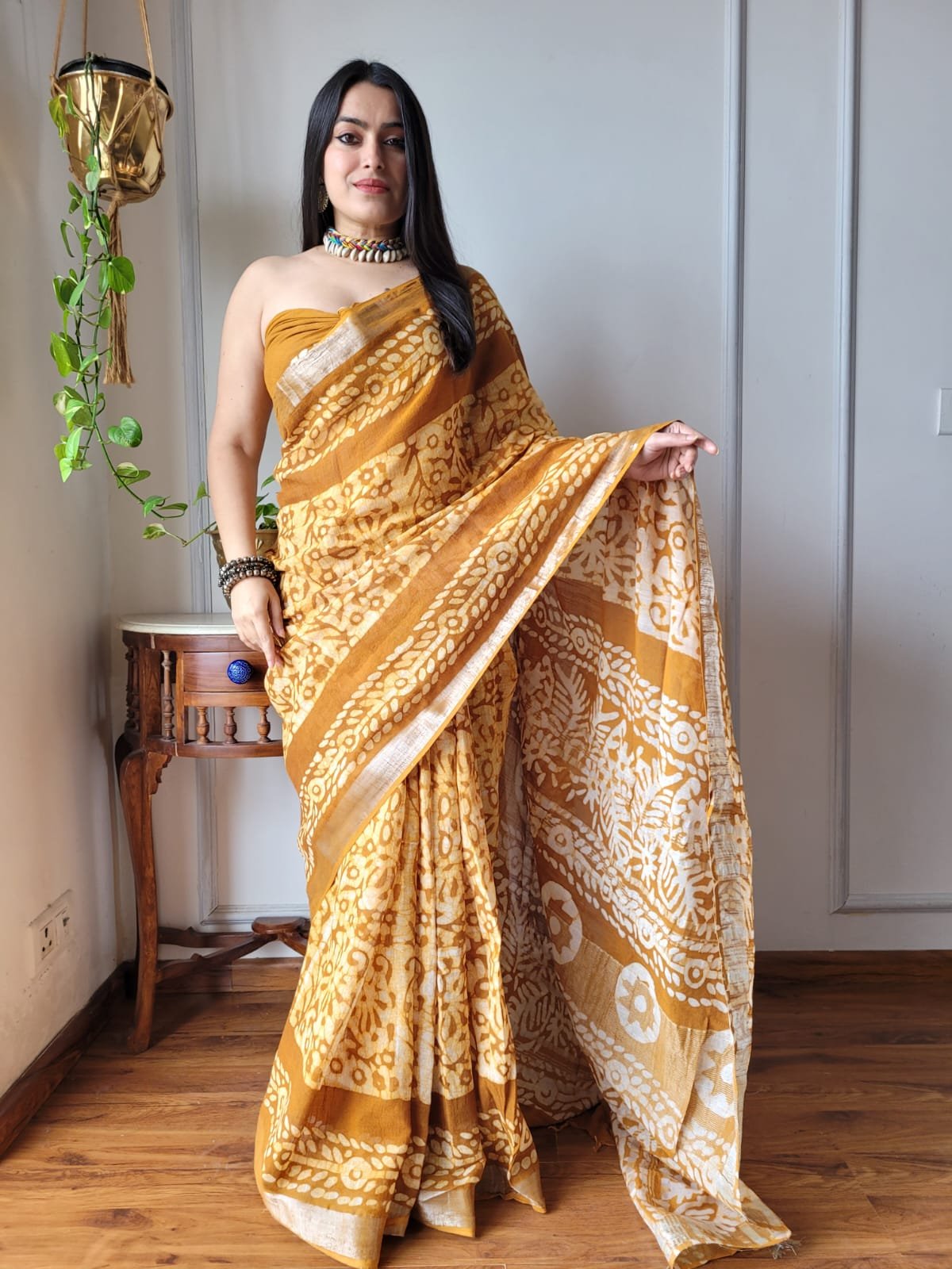 Hand Block Printed Linen Saree with Blouse