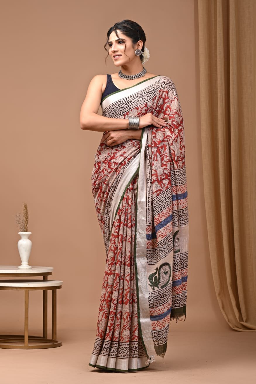 Hand Block Printed Linen Saree with Blouse