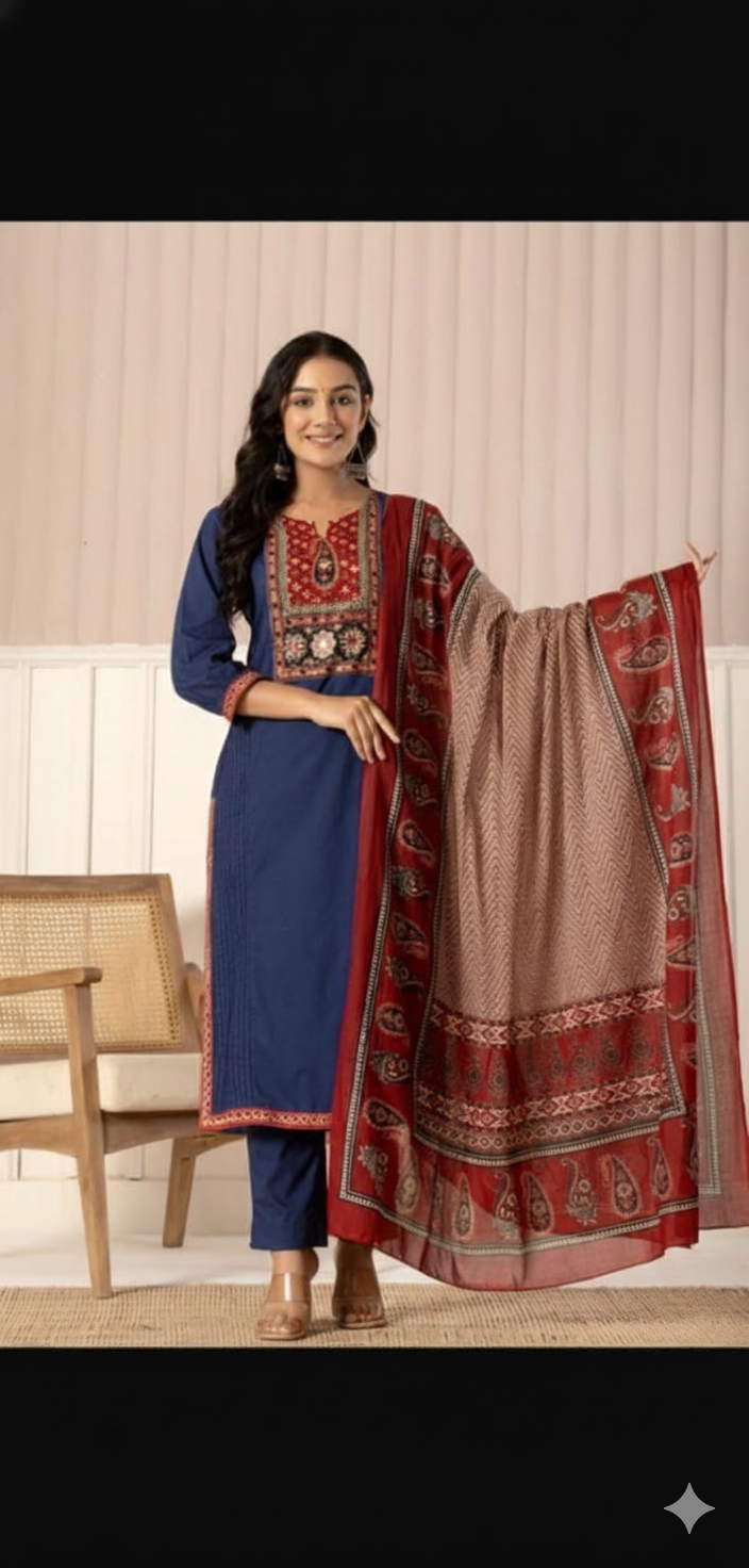 Blue Voluminous Cotton Suit Set with Dupatta