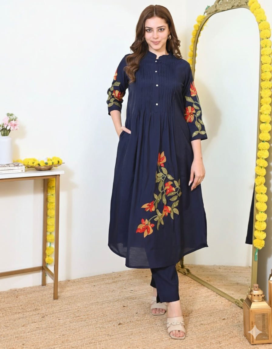 Blue  Pintex Embroidered Summer Cotton Kurti